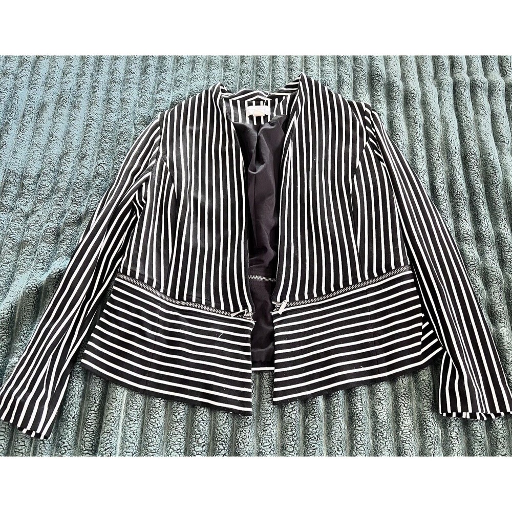 Chicos 1 Blazer Cardigan Striped Black White Open Front Zipper Accent Medium